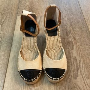 Tory Burch Color Block 85MM Wedge Espadrille-Recycled Canvas/Napa Leather sz 7.5